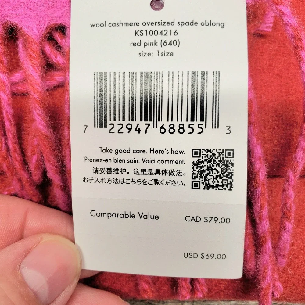 Kate Spade Wool Cashmere Scarf Oversized Designer Spade Logo Red & Pink NWT